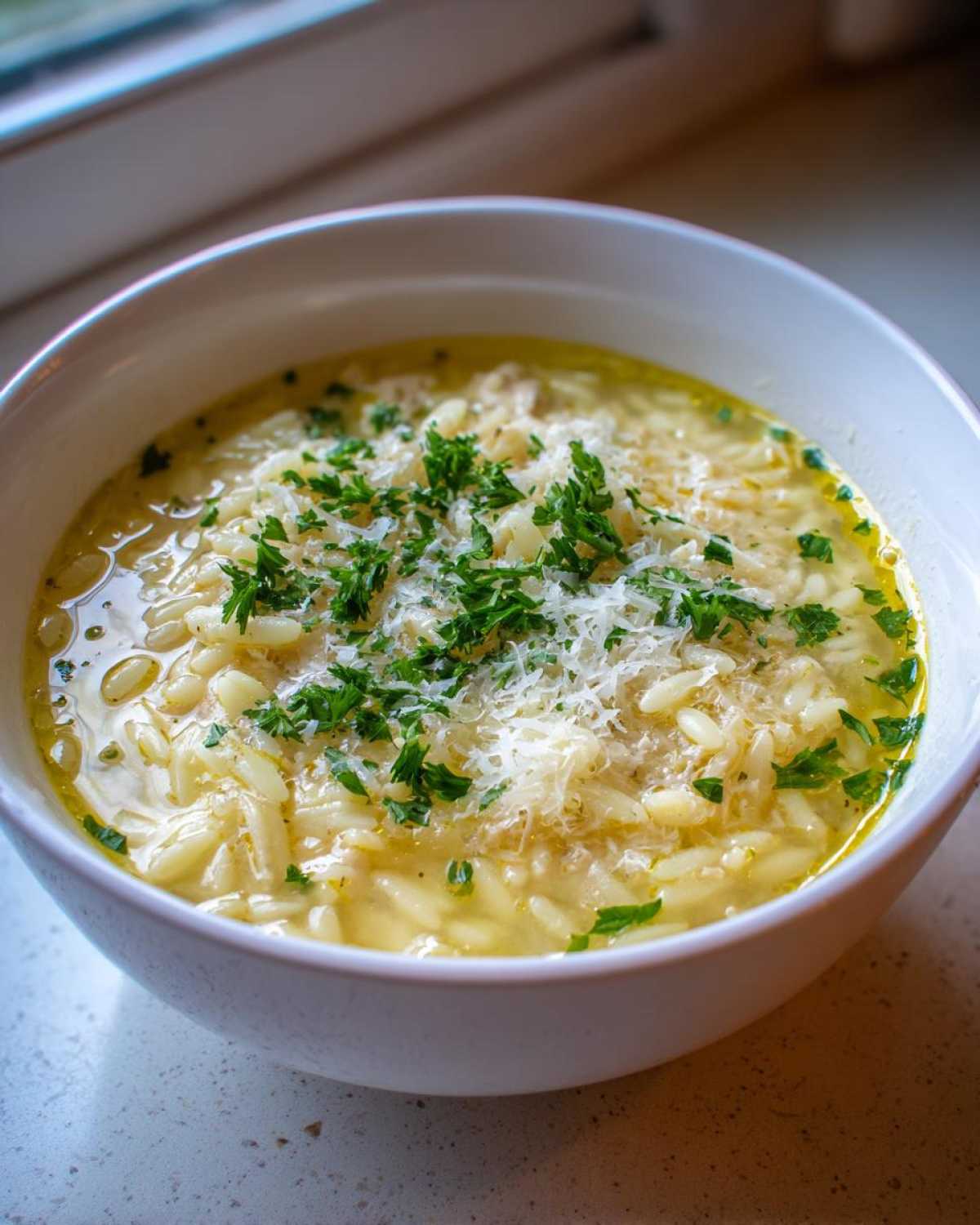 Close-up of a white bowl filled with hot penicillin soup featuring orzo pasta, topped with grated Parmesan cheese and fresh parsley.