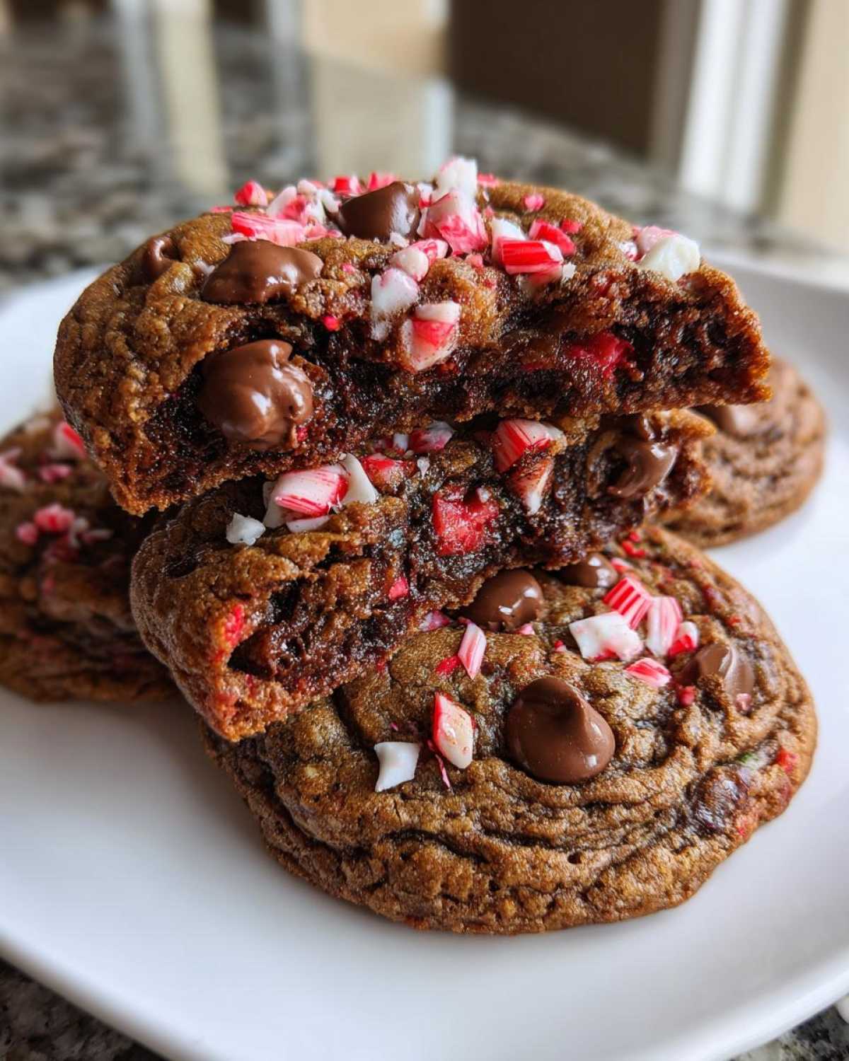 A stack of rich, dark peppermint chocolate chip cookies, one broken open to show a gooey center and crushed candy canes.
