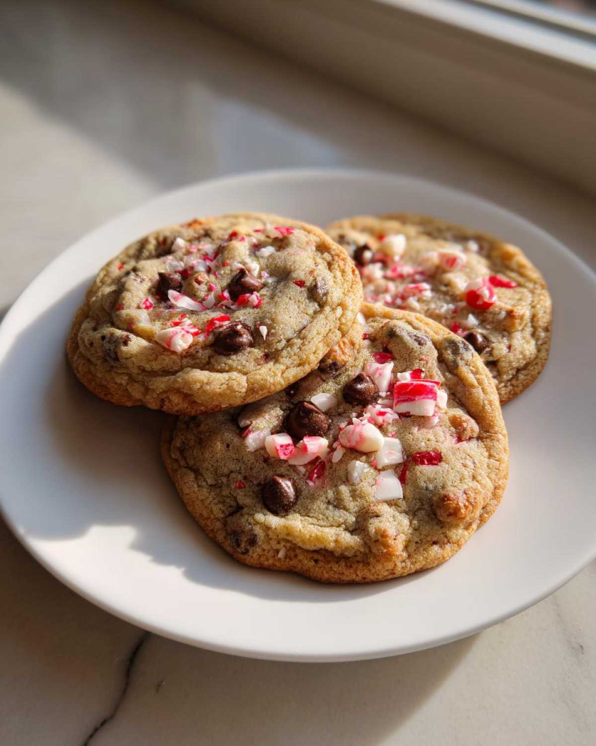Three freshly baked peppermint chocolate chip cookies topped with crushed candy canes, sitting on a white plate.