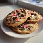 A stack of three soft peppermint chocolate chip cookies topped with chocolate chips and crushed candy canes.