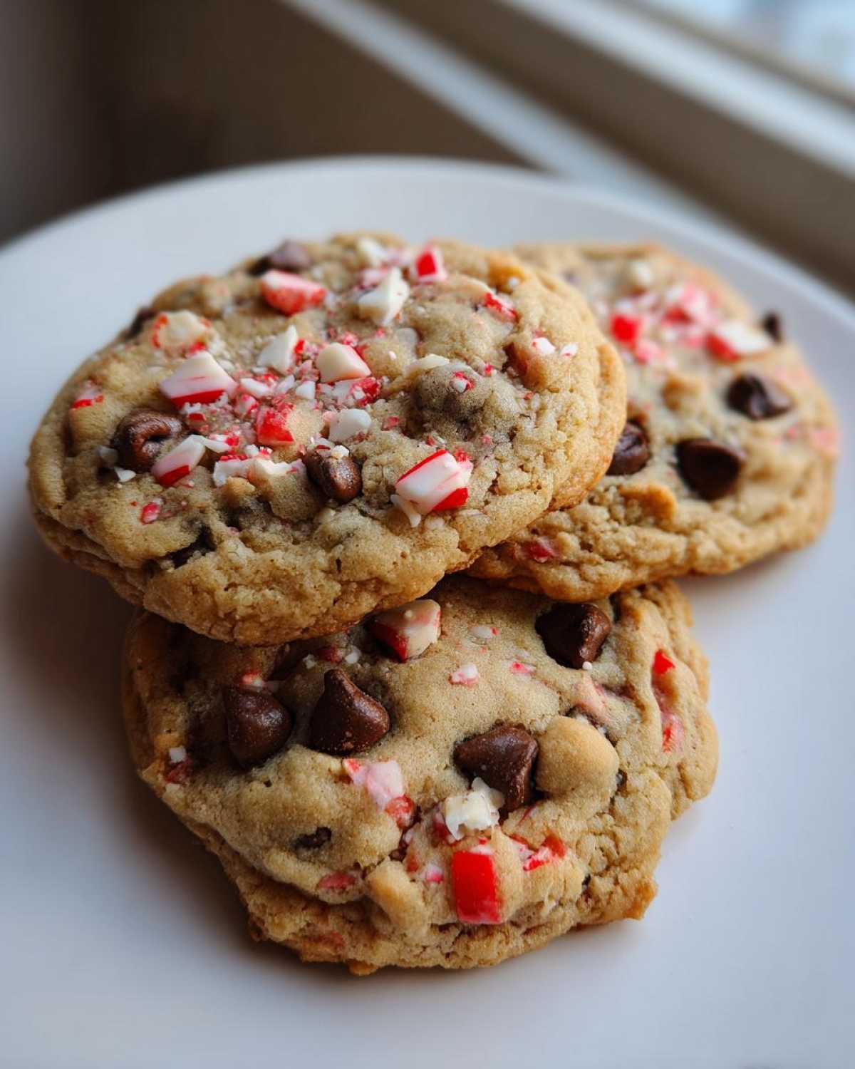 A stack of three soft peppermint chocolate chip cookies topped with chocolate chips and crushed candy canes.