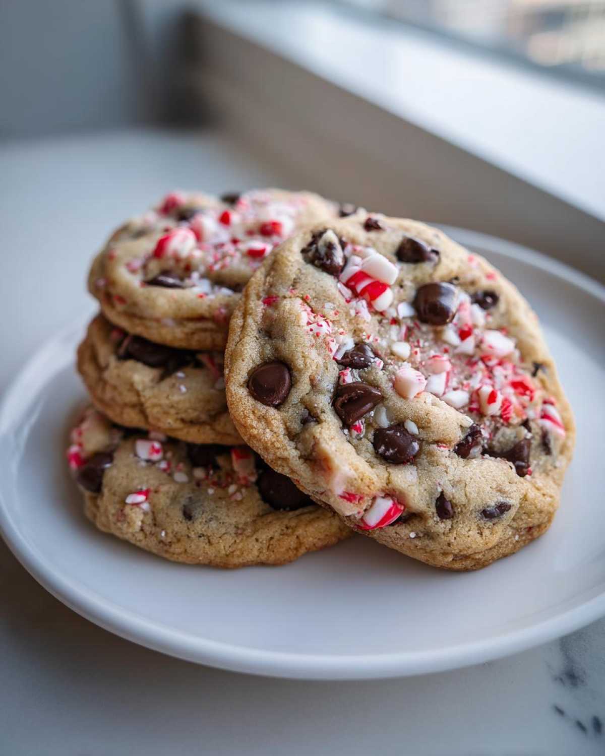 A stack of three delicious peppermint chocolate chip cookies topped with chocolate chips and crushed candy canes.