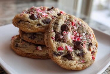 A stack of freshly baked, chewy peppermint chocolate chip cookies topped with crushed candy canes.