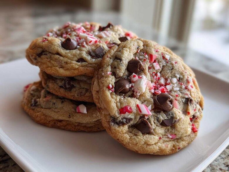 A stack of freshly baked, chewy peppermint chocolate chip cookies topped with crushed candy canes.