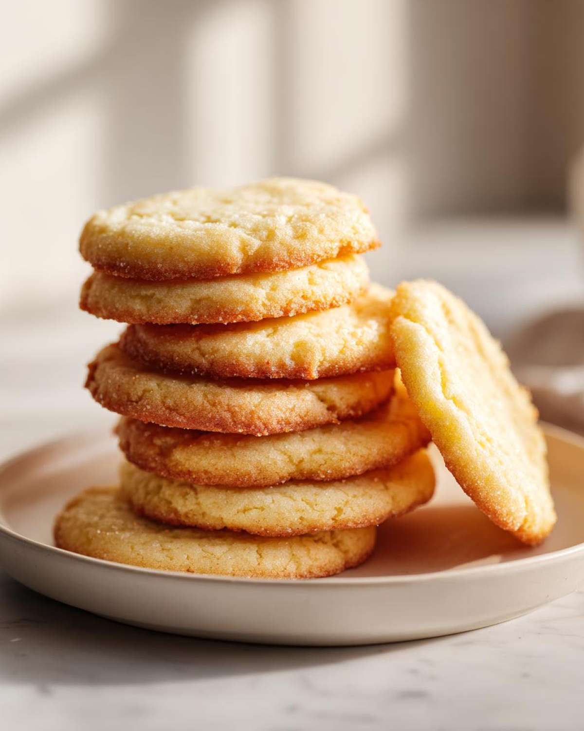 A stack of six perfectly round, golden sugar cookie treats dusted with sugar, leaning slightly on a light plate.
