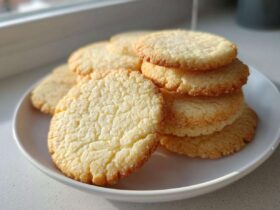 A stack of perfectly shaped, slightly crackled sugar cookie rounds resting on a white plate near a window.