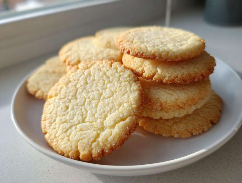 A stack of perfectly shaped, slightly crackled sugar cookie rounds resting on a white plate near a window.
