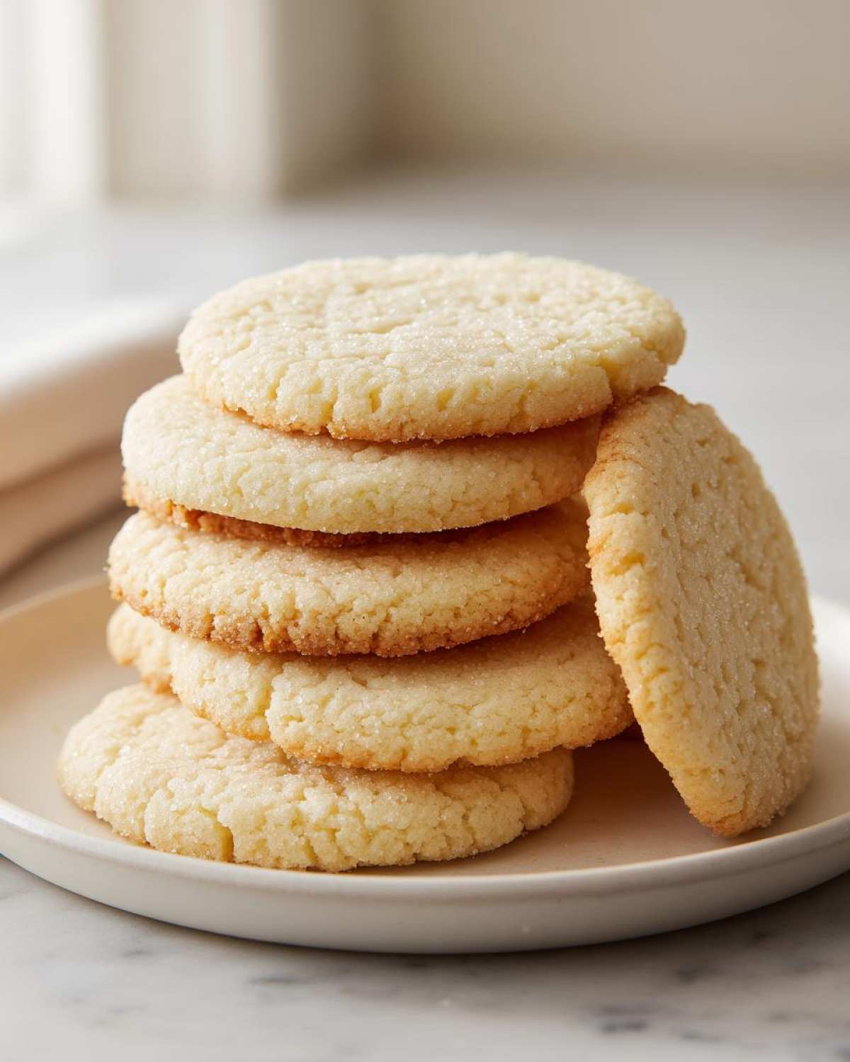 A stack of six perfectly round, slightly golden sugar cookie rounds sprinkled with sugar.