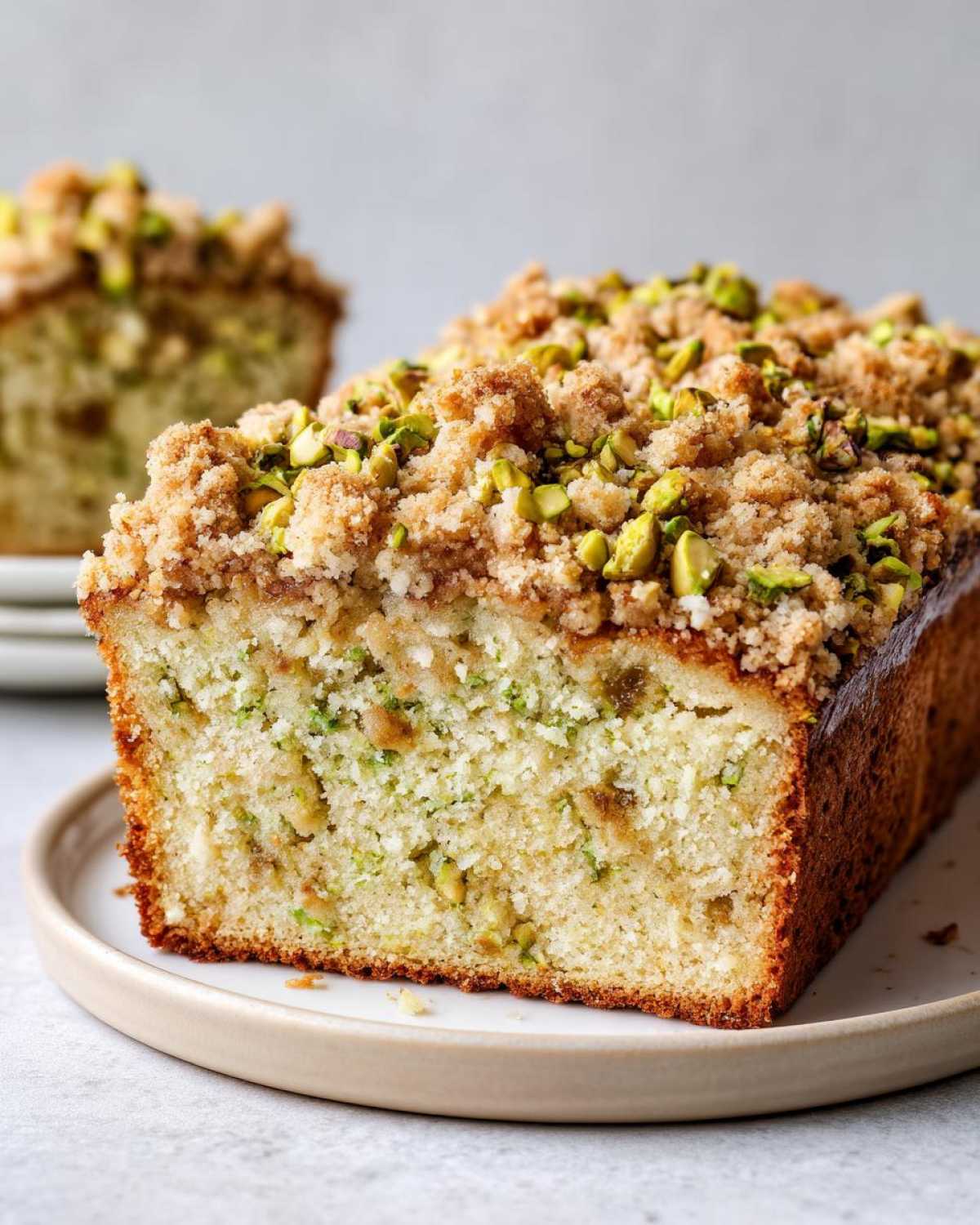 A cross-section of a moist pistachio coffee cake loaf topped with brown sugar crumble and chopped pistachios.