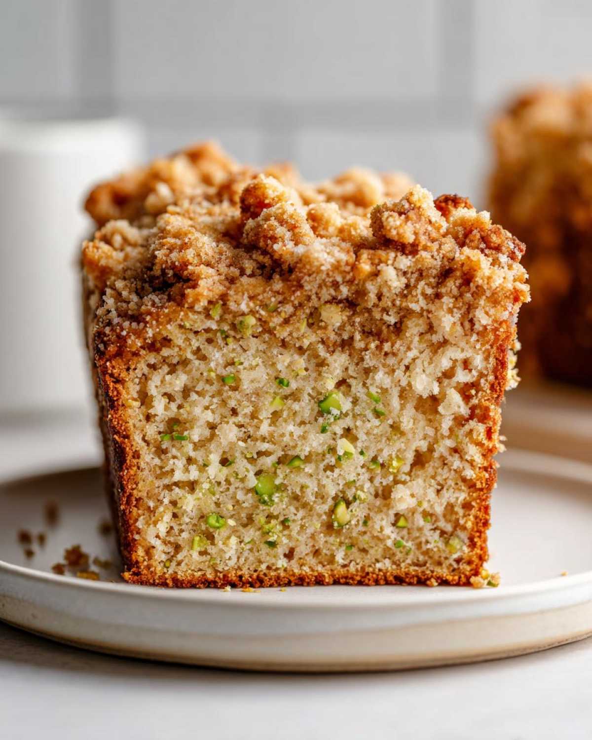 Close-up of a slice of moist pistachio coffee cake showing green pistachio pieces and a thick, sugary crumb topping.