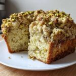A cross-section of a moist pistachio coffee cake with a thick, sugary crumb topping sprinkled with chopped pistachios.