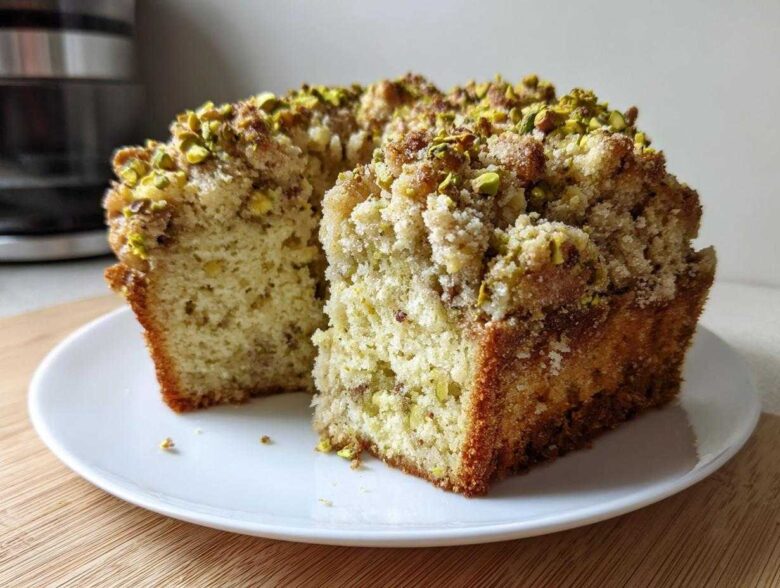 A cross-section of a moist pistachio coffee cake with a thick, sugary crumb topping sprinkled with chopped pistachios.