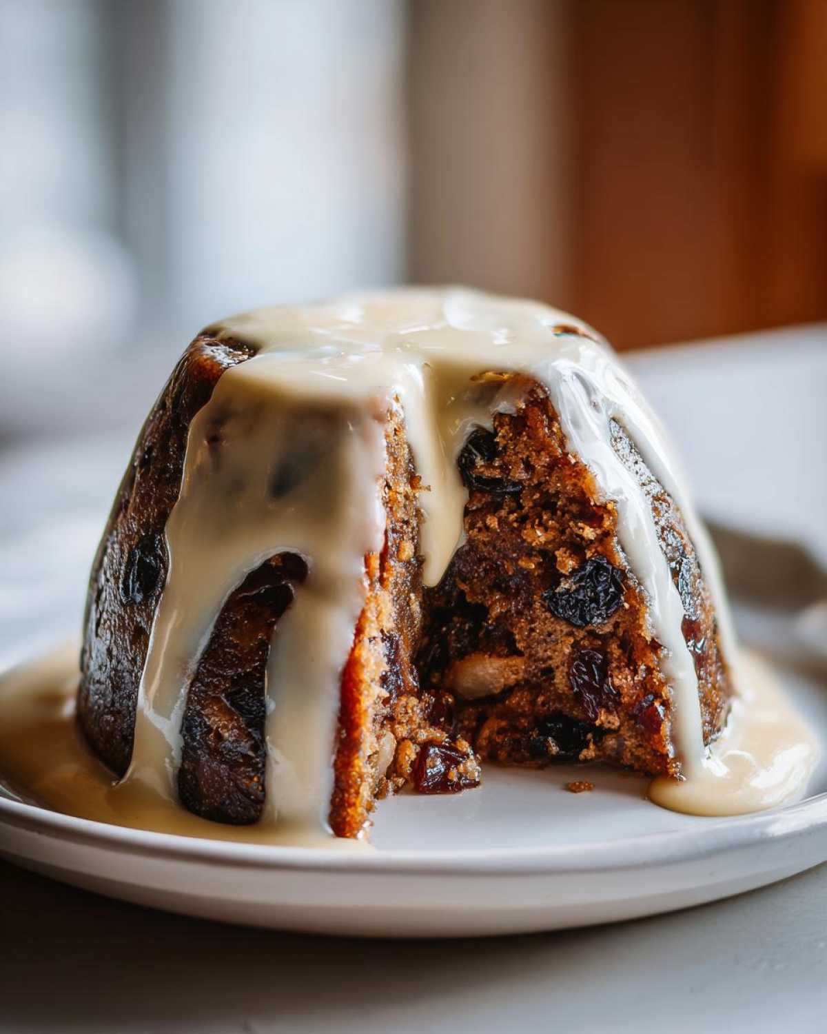 A rich, dark plum pudding with a slice removed, generously topped with thick white custard sauce.
