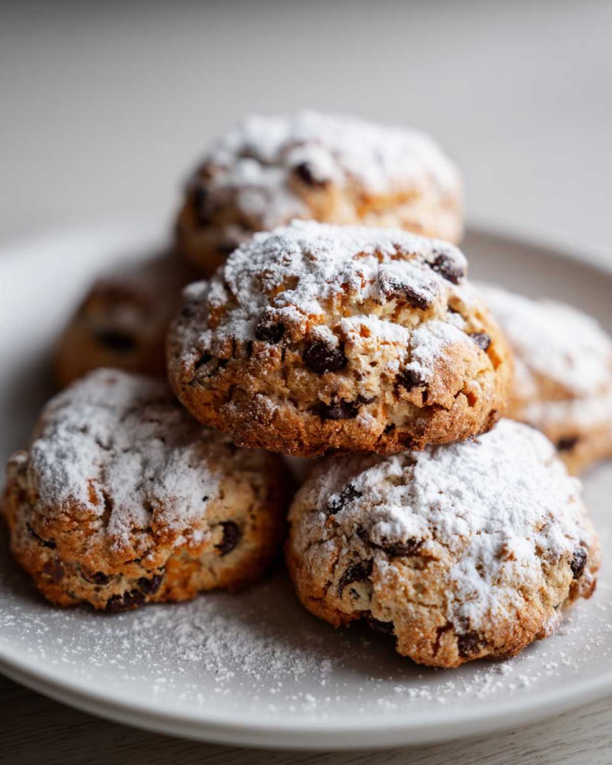 A close-up stack of freshly baked cannoli cookies dusted heavily with powdered sugar.