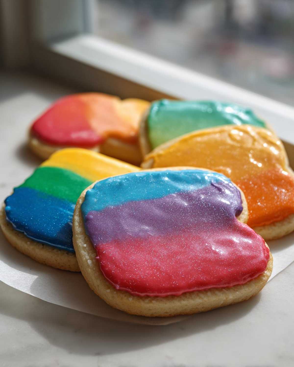 Close-up of heart-shaped sugar cookies decorated with vibrant, shimmering rainbow sugar cookie icing recipe.