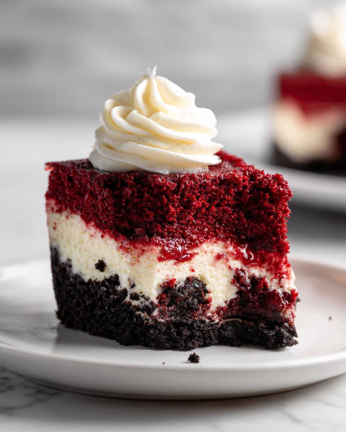 Close-up of a rich slice of red velvet cheesecake featuring a dark crust, creamy white layer, and bright red velvet top, crowned with frosting.