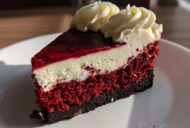 Close-up of a layered slice of red velvet cheesecake with cream cheese frosting.