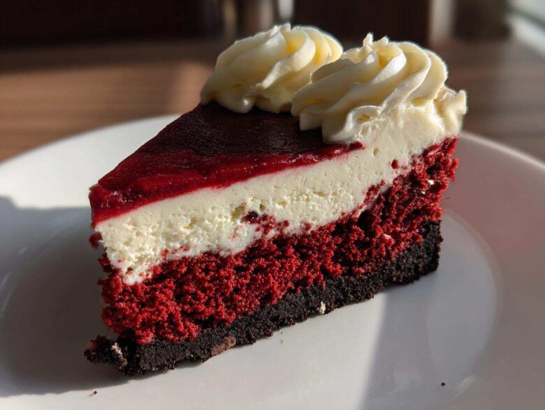 Close-up of a layered slice of red velvet cheesecake with cream cheese frosting.
