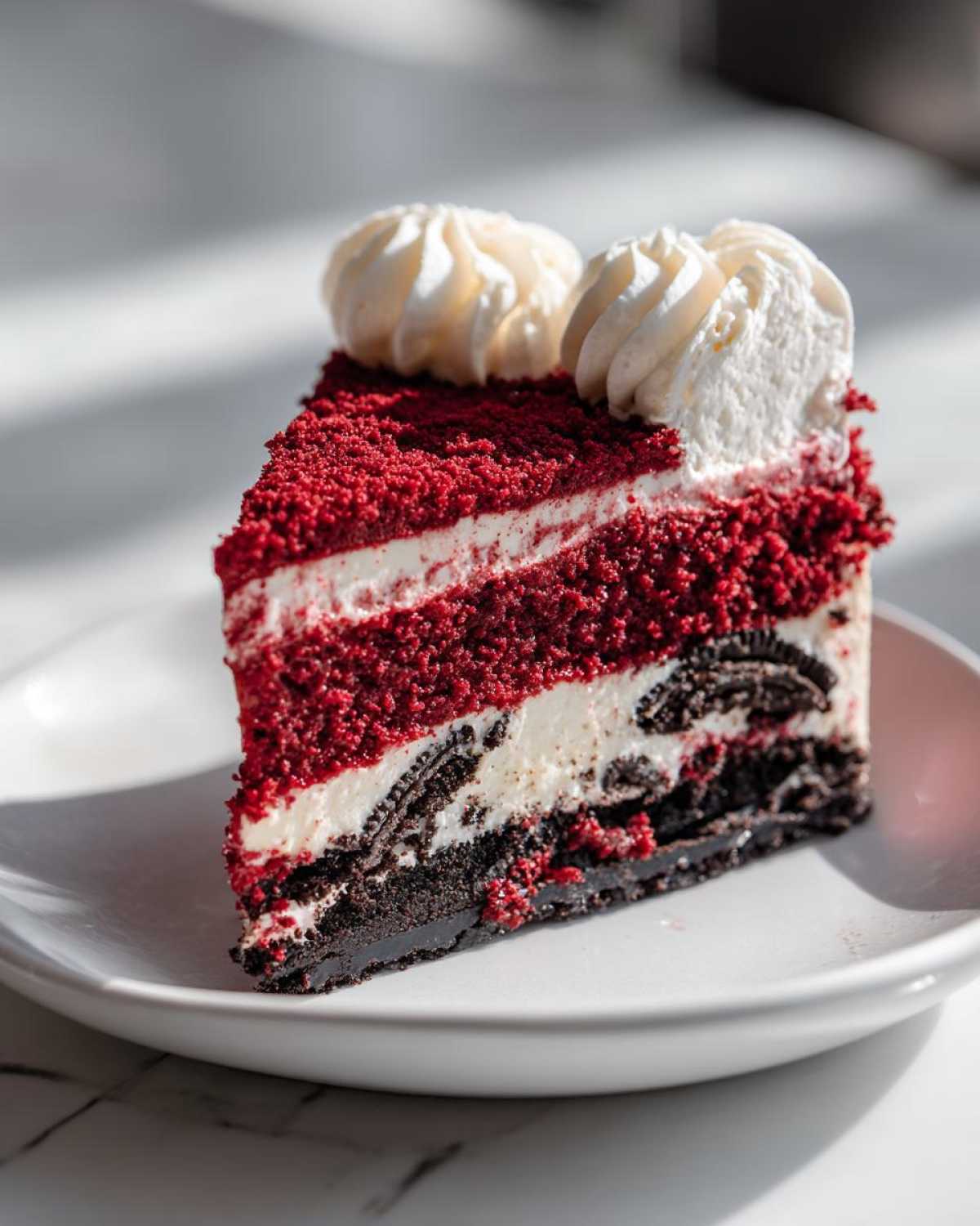 A decadent slice of red velvet cheesecake featuring layers of red cake, cream cheese filling, and an Oreo cookie crust.