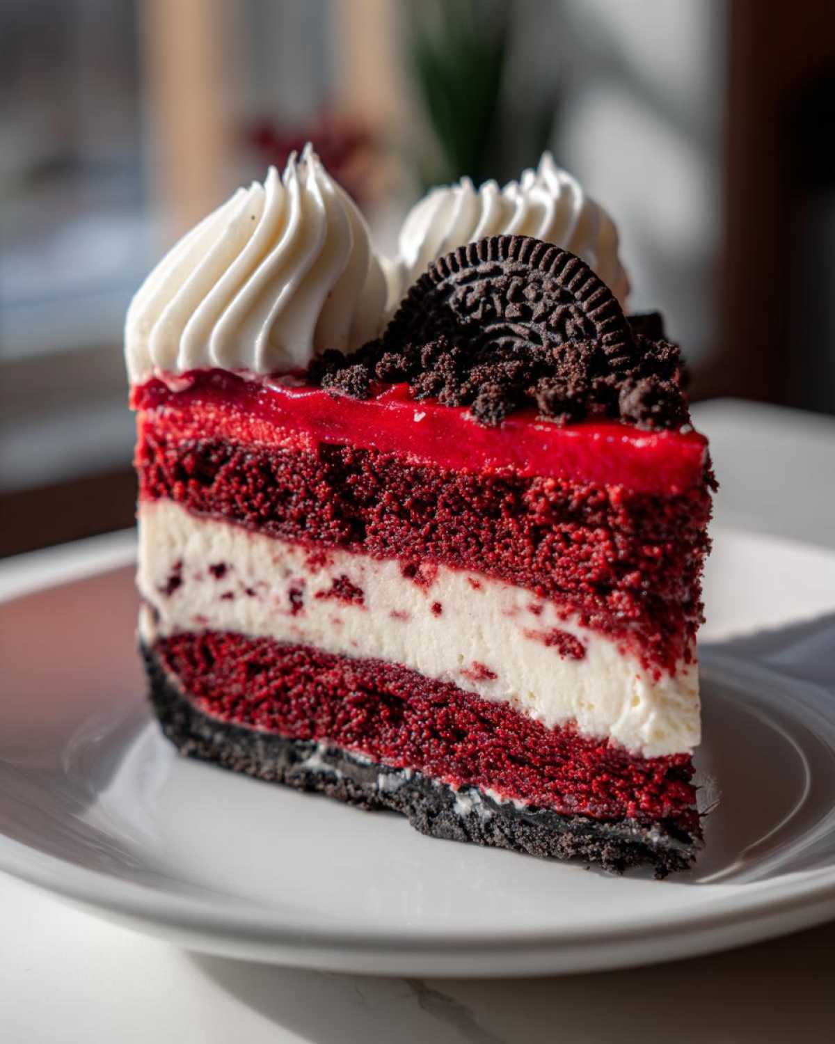 A decadent slice of red velvet cheesecake featuring layers of red cake, white cheesecake filling, and an Oreo cookie topping.