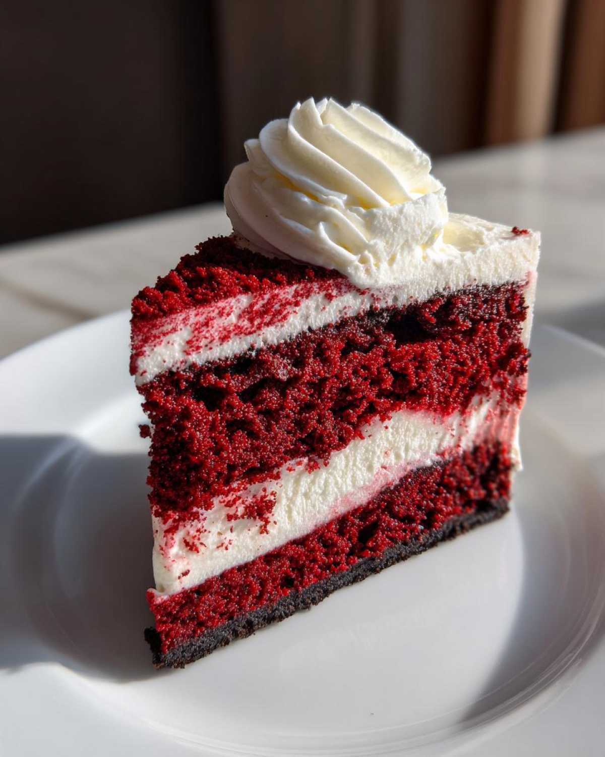 A perfect slice of red velvet cheesecake featuring layers of deep red cake and white cream cheese filling, topped with whipped cream.