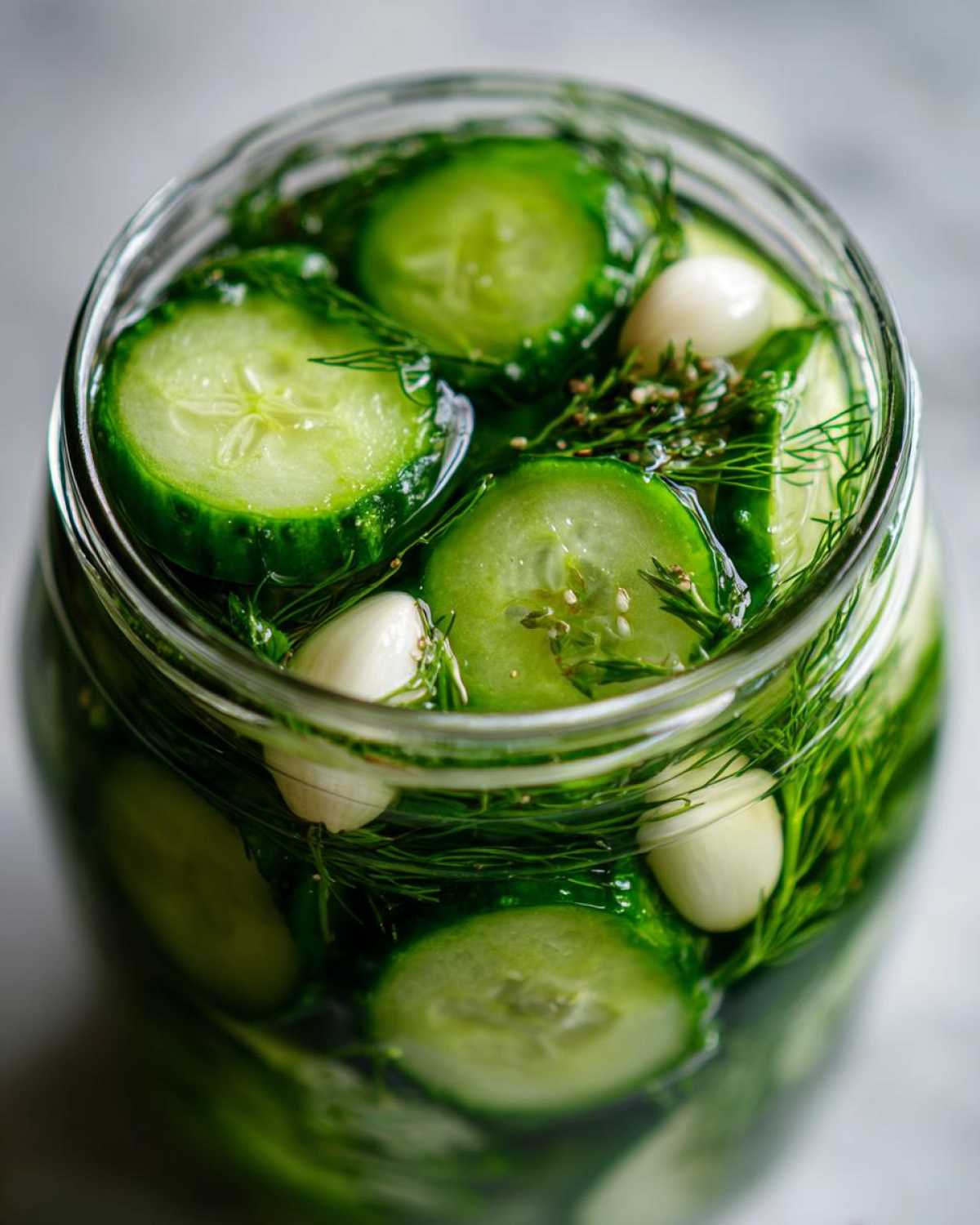 Top-down view of sliced cucumbers, fresh dill, and whole garlic cloves in a jar of refrigerator pickles.