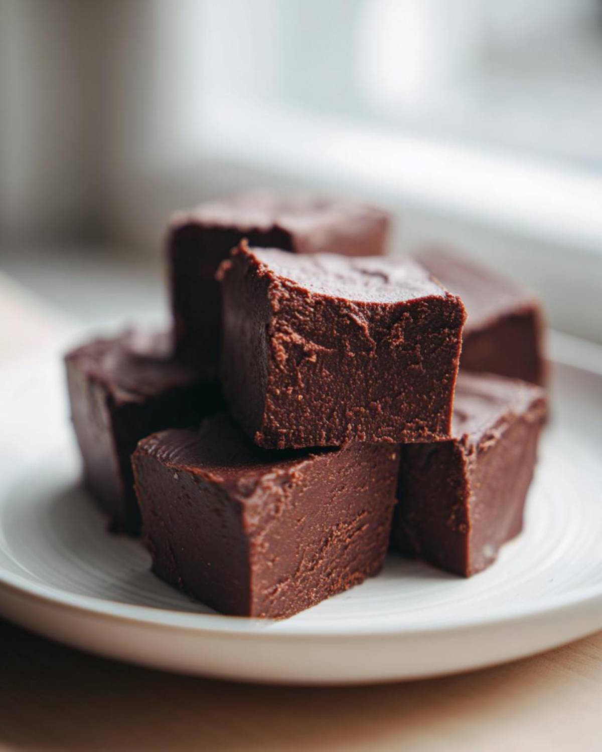 A stack of rich, dark chocolate fudge squares showing a dense, creamy texture.