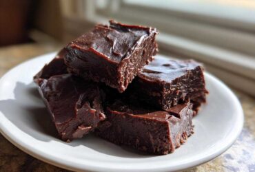Close-up of rich, dark chocolate fudge squares stacked on a white plate, highlighting the smooth texture.