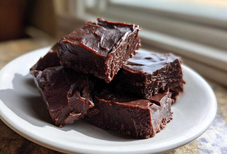 Close-up of rich, dark chocolate fudge squares stacked on a white plate, highlighting the smooth texture.