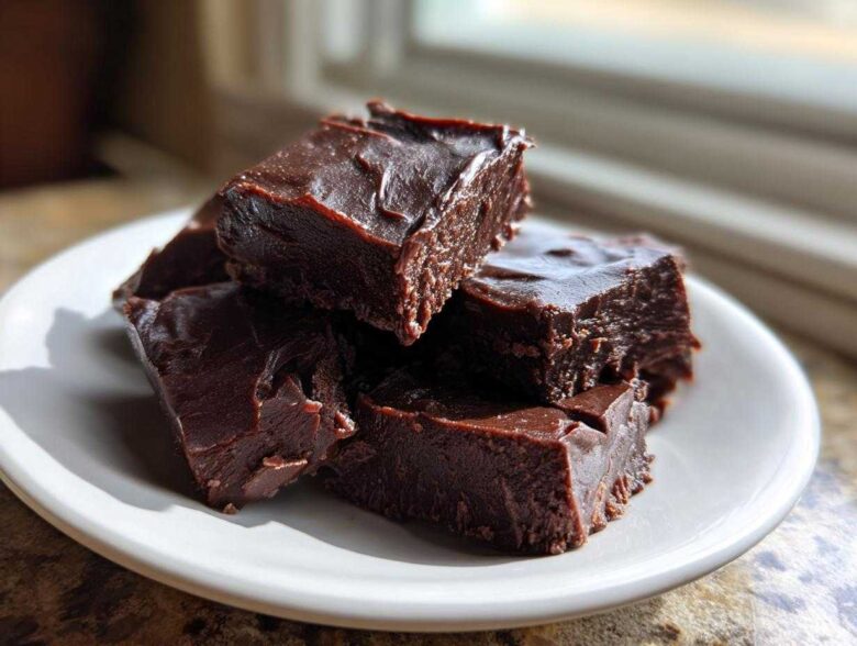 Close-up of rich, dark chocolate fudge squares stacked on a white plate, highlighting the smooth texture.