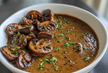 Close-up of a white bowl filled with rich brown mushroom sauce and whole sautéed mushrooms, garnished with parsley.