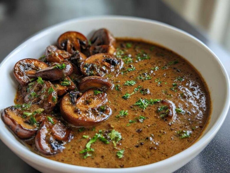 Close-up of a white bowl filled with rich brown mushroom sauce and whole sautéed mushrooms, garnished with parsley.