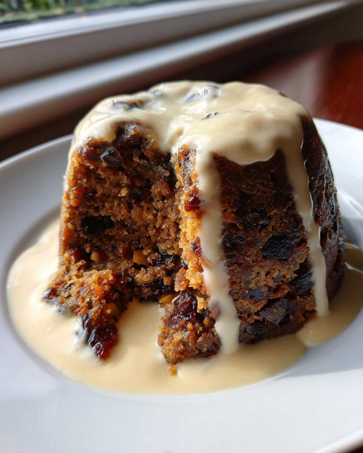 Close-up of a rich, dark plum pudding cut open and generously topped with flowing vanilla custard sauce.
