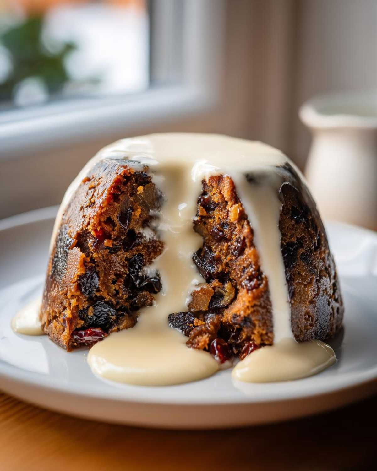 A rich, dark plum pudding cut open and generously covered in warm vanilla custard sauce.