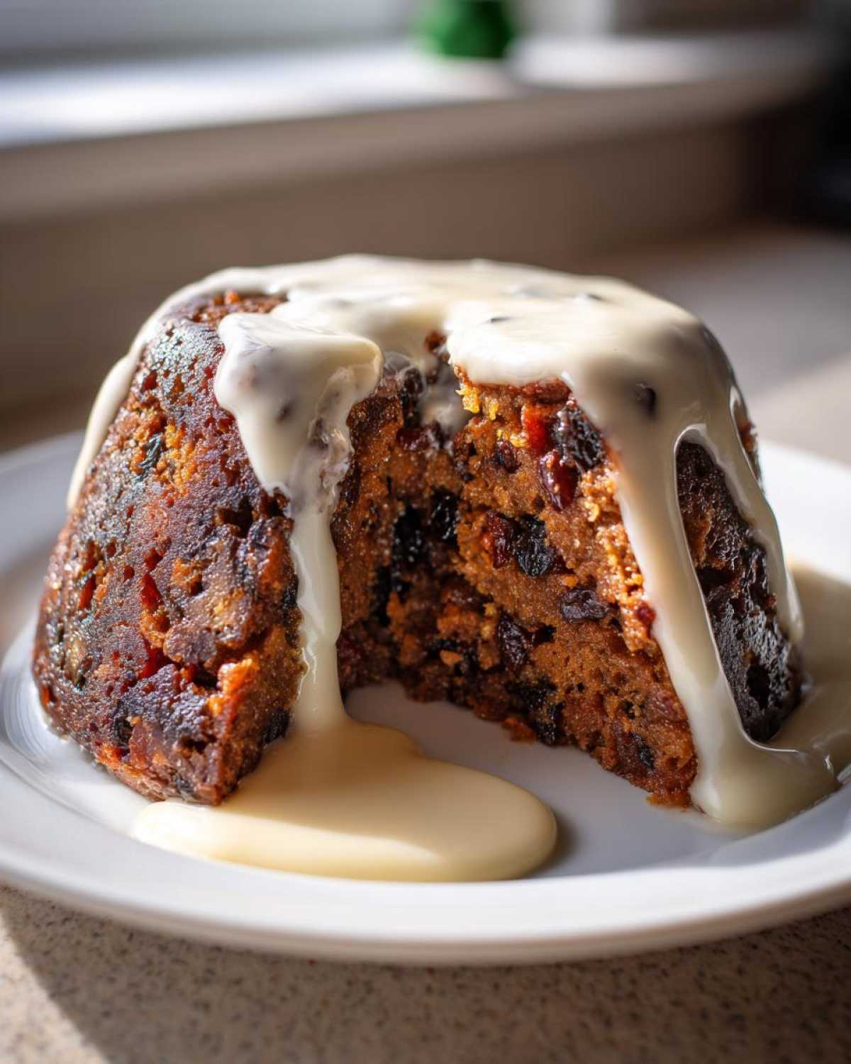 A close-up of a rich, dark plum pudding with a slice removed, generously topped with flowing vanilla custard or cream sauce.