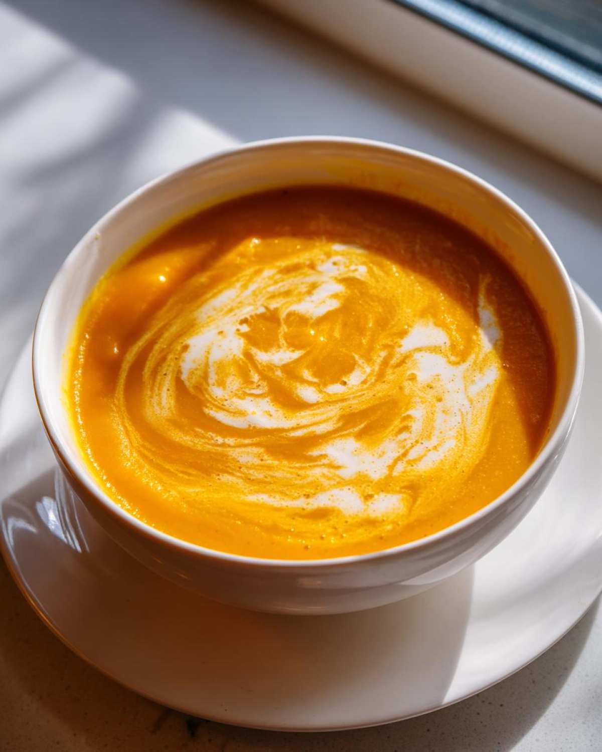 Close-up of vibrant orange roasted butternut squash soup topped with a swirl of cream.