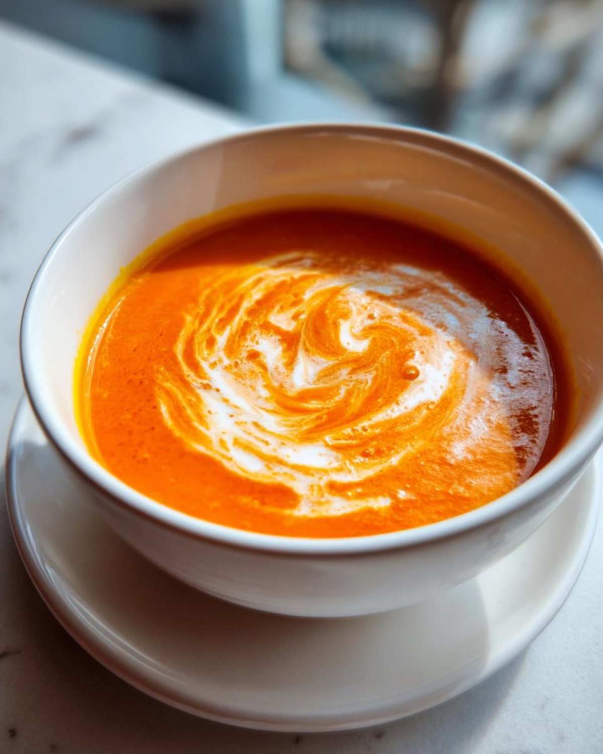 Close-up of vibrant orange roasted butternut squash soup topped with a decorative swirl of cream.