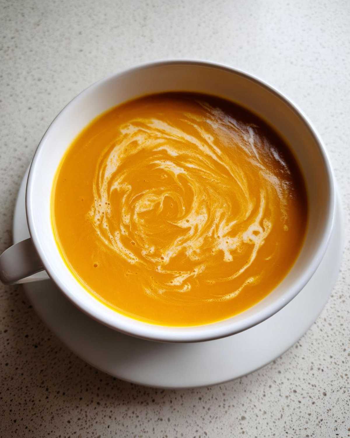 Overhead view of a vibrant orange roasted butternut squash soup swirled with cream in a white bowl.