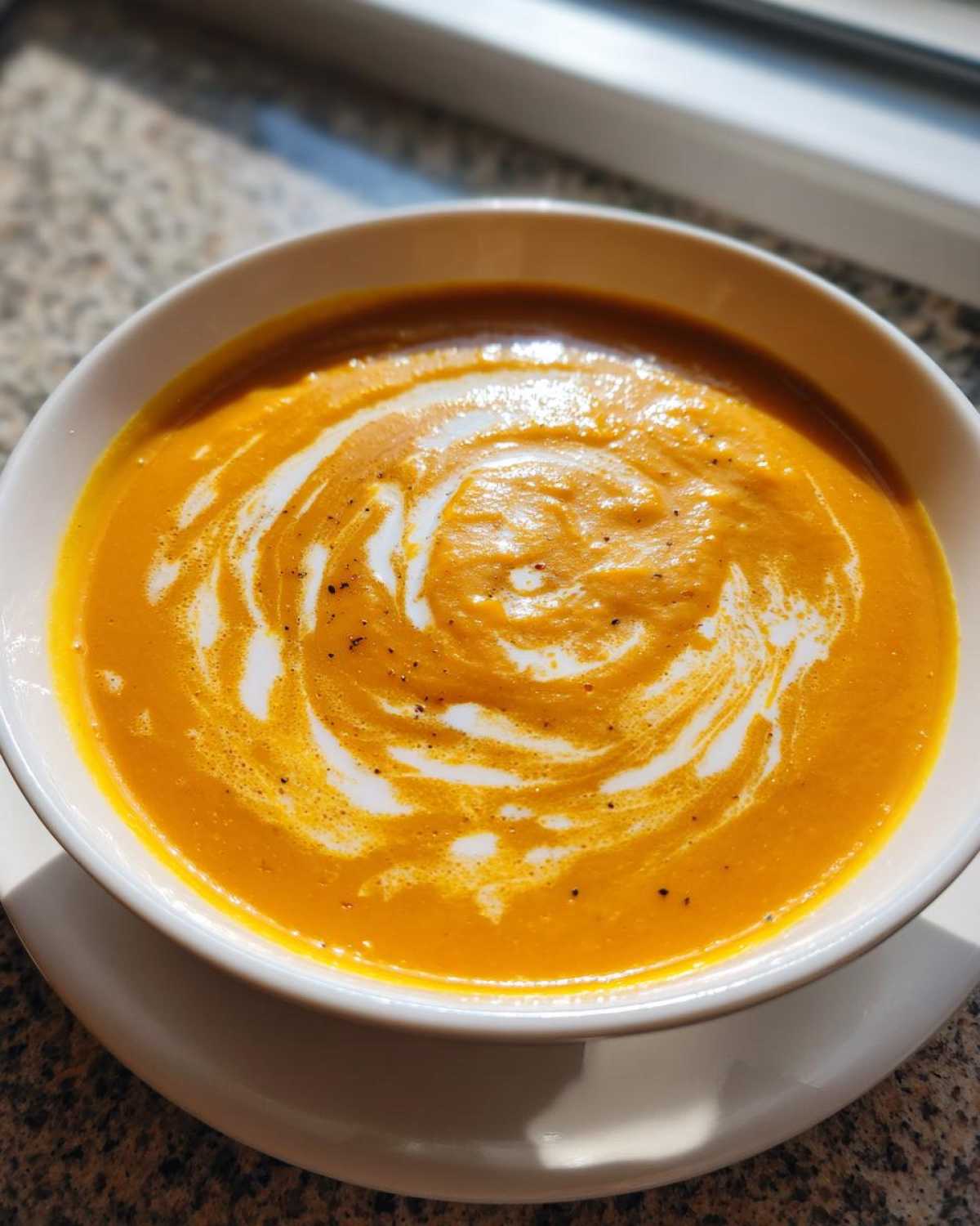Close-up of vibrant orange roasted butternut squash soup, swirled with cream and sprinkled with pepper.