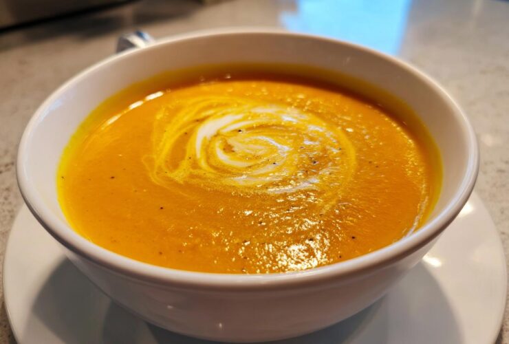 A close-up of creamy, bright orange roasted butternut squash soup, swirled with cream, served in a white bowl.