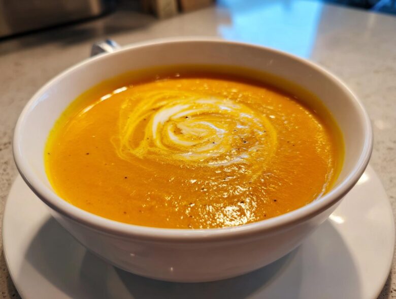 A close-up of creamy, bright orange roasted butternut squash soup, swirled with cream, served in a white bowl.