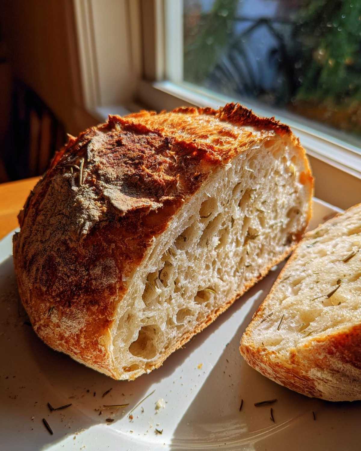 Cross-section of a freshly baked artisan bread loaf showing an open, airy crumb structure with visible rosemary pieces.