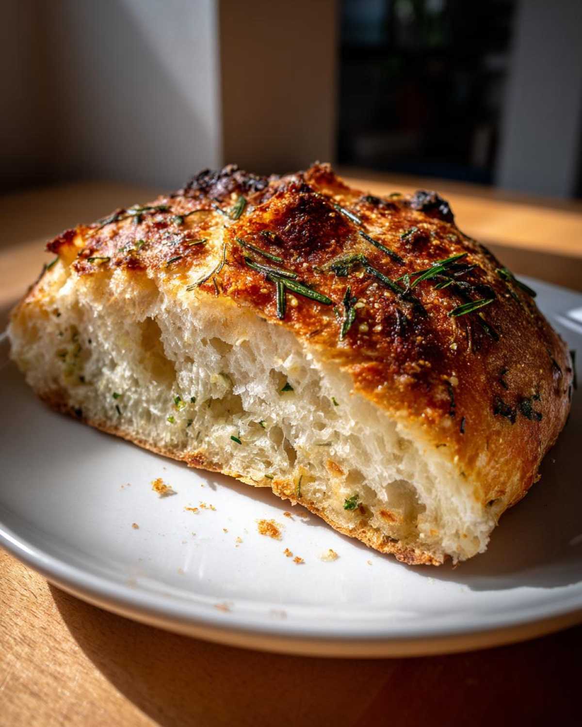 Close-up of a thick slice of rosemary artisan bread showing an airy crumb and golden, herb-topped crust.