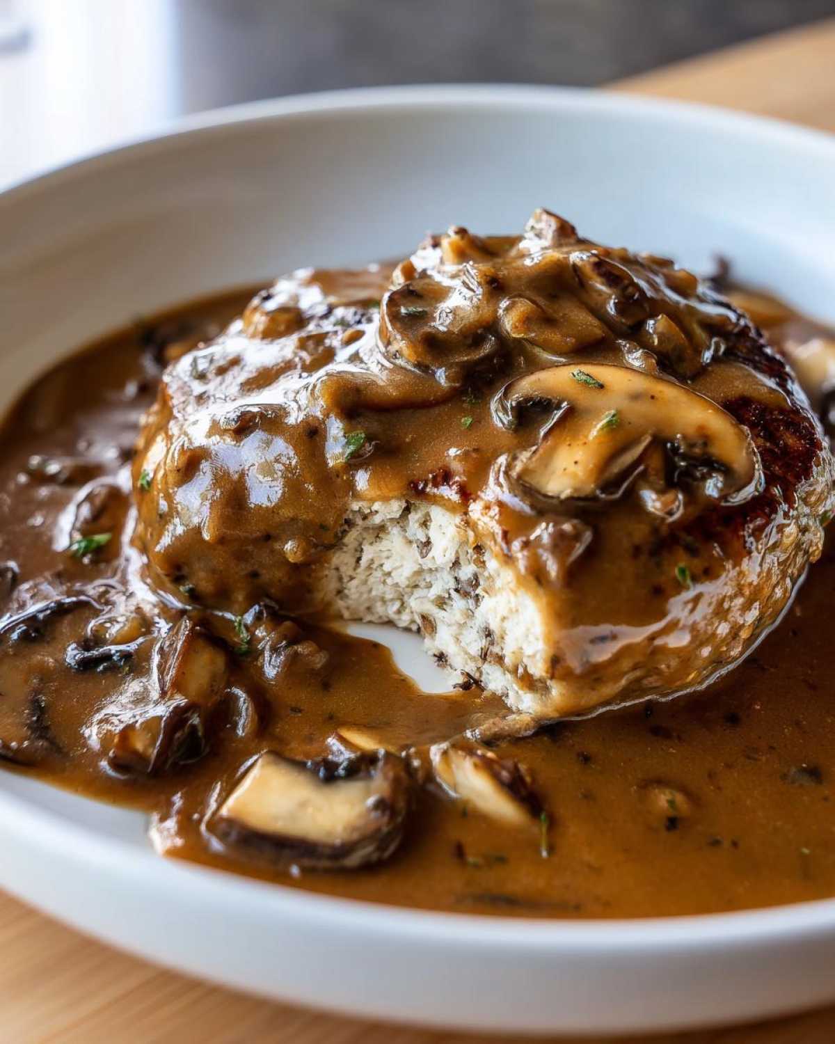 Close-up of a Salisbury steak patty with a bite taken out, covered in rich brown mushroom gravy.