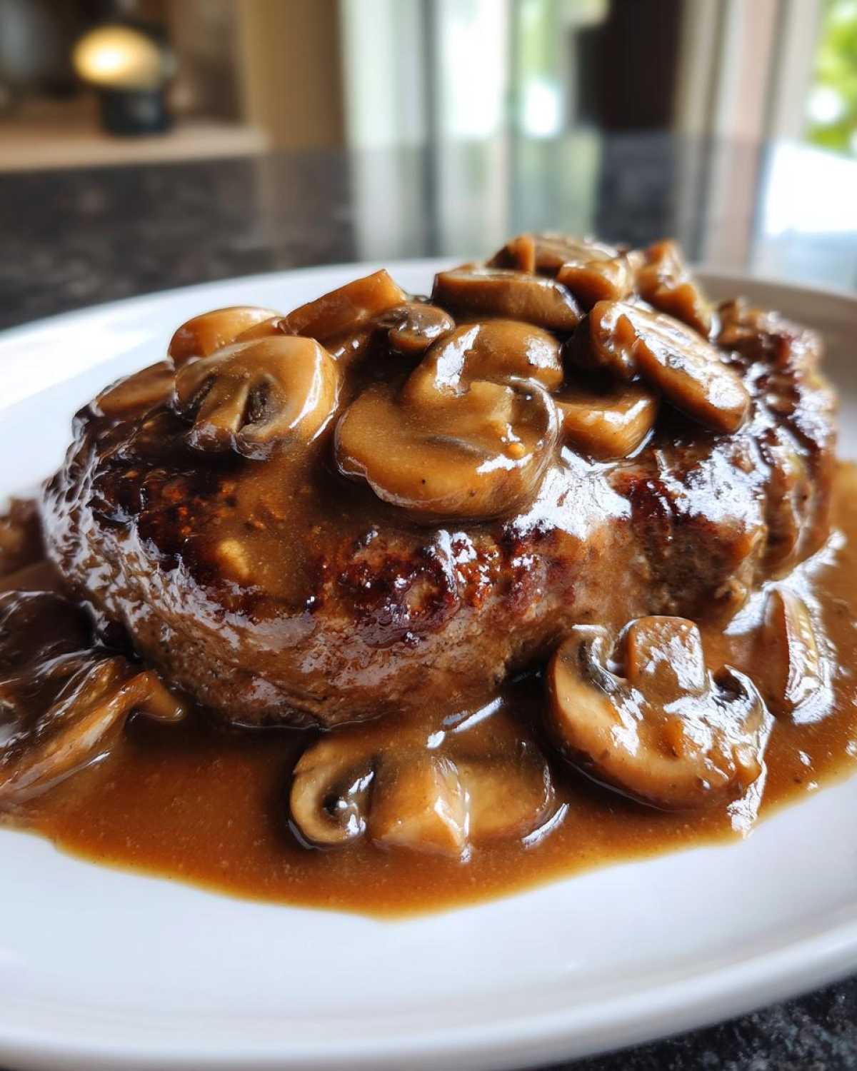 Close-up of a juicy Salisbury steak smothered in rich brown mushroom gravy.