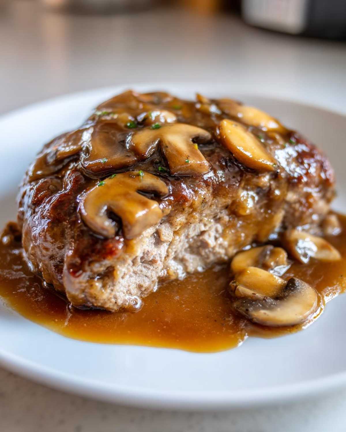 Close-up of a juicy salisbury steak patty covered in rich brown mushroom gravy, with a bite taken out.