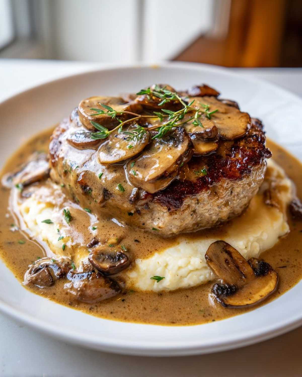 A perfectly cooked salisbury steak served over creamy mashed potatoes and smothered in rich mushroom gravy.