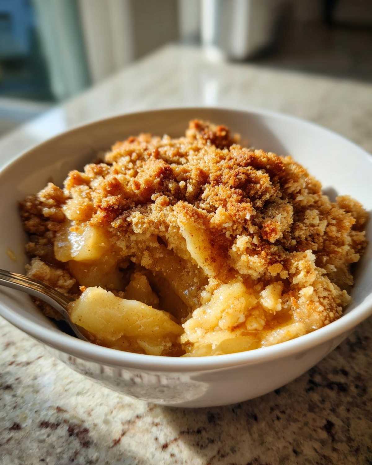 Close-up of a white bowl filled with warm apple crumble, showing soft baked apples and a crunchy topping.