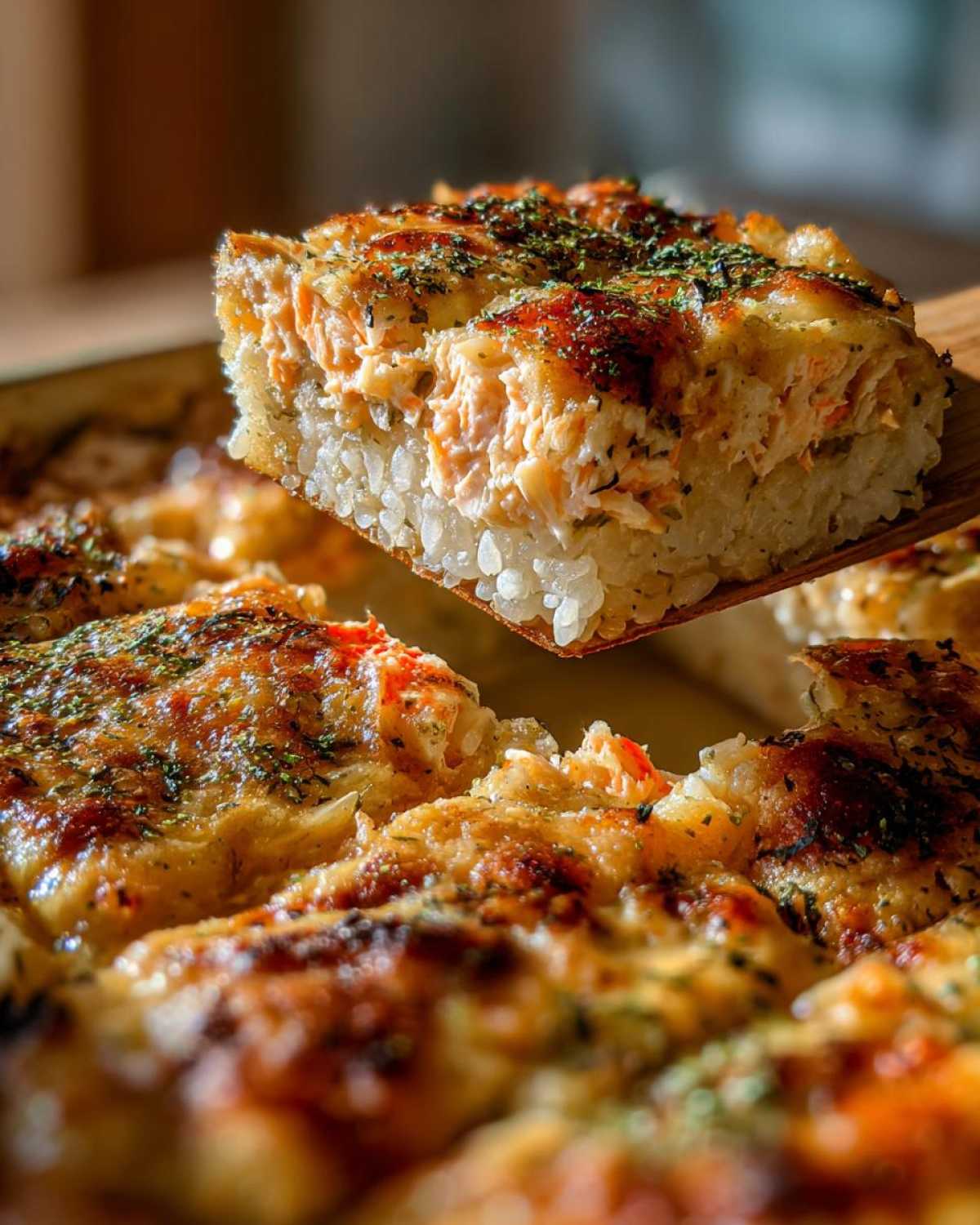 A spatula lifts a square serving of baked salmon sushi bake, showing layers of rice and creamy topping.
