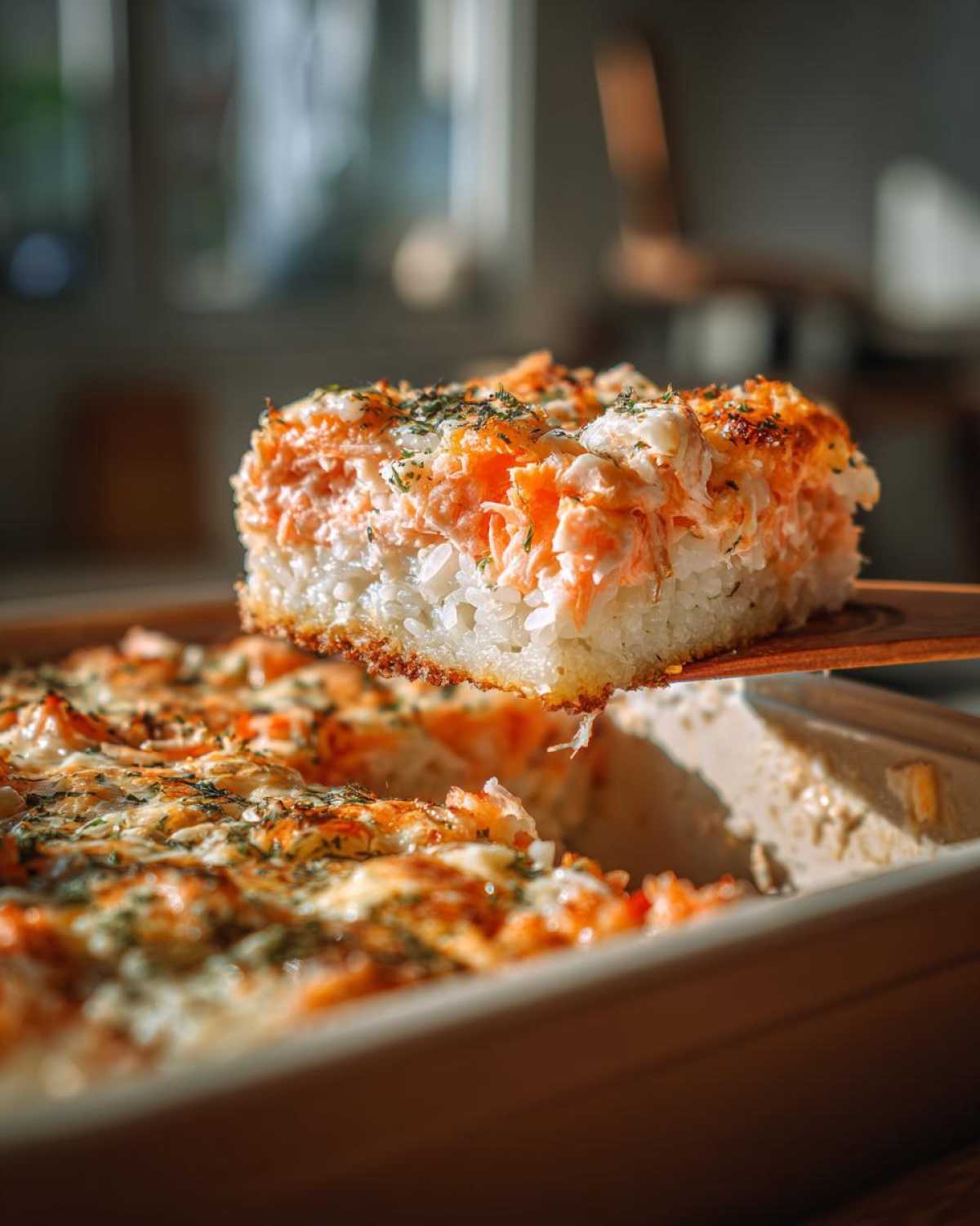 A square slice of baked salmon and rice sushi bake being lifted from a baking dish.